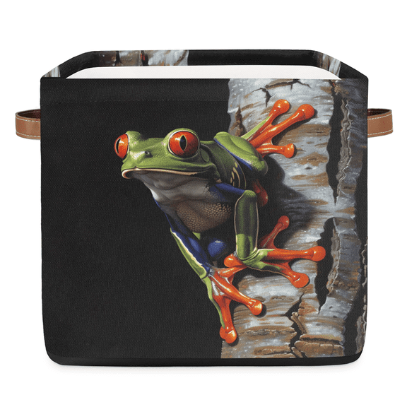 CURLYOOT 13 x 13 Inch Cube Storage Bin, Animal Red Eyed Frog Fabric Storage Cube Baskets, Closet Shelves Foldable Bins with Leather Handles for Home Organizer