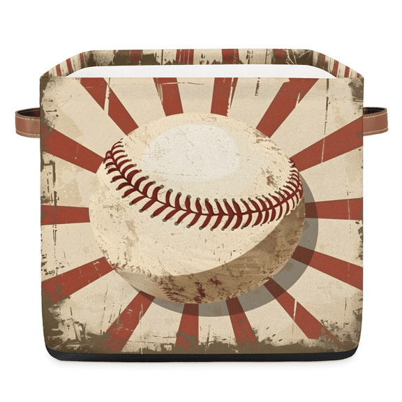 CURLYOOT 13 x 13 Inch Cube Storage Bin, Baseball Vintage Fabric Storage Cube Baskets, Closet Shelves Foldable Bins with Leather Handles for Home Organizer