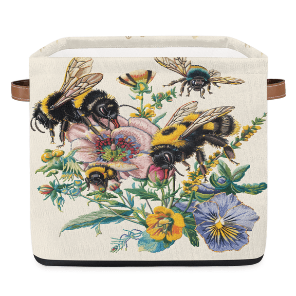 CURLYOOT 13 x 13 Inch Cube Storage Bin, Bee Honeybee and Colorful Flowers Fabric Storage Cube Baskets, Closet Shelves Foldable Bins with Leather Handles for Home Organizer