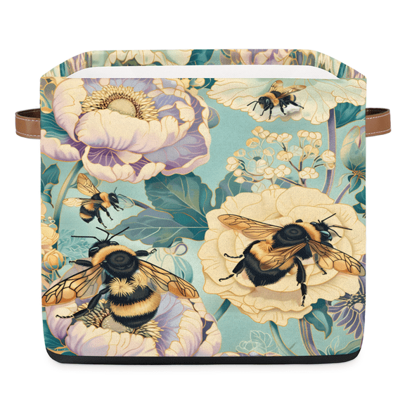 CURLYOOT 13 x 13 Inch Cube Storage Bin, Bee Wild Flower Fabric Storage Cube Baskets, Closet Shelves Foldable Bins with Leather Handles for Home Organizer