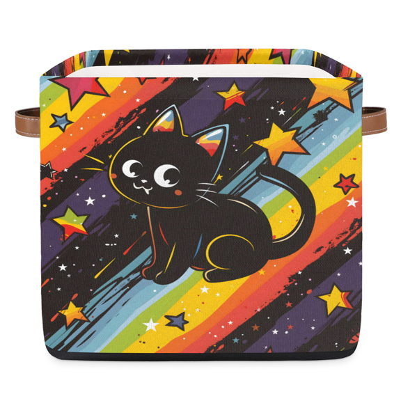 CURLYOOT 13 x 13 Inch Cube Storage Bin, Black Cat Fabric Storage Cube Baskets, Cartoon Rainbow Stars Closet Shelves Foldable Bins with Leather Handles for Home Organizer