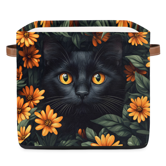 CURLYOOT 13 x 13 Inch Cube Storage Bin, Black Cat Flower Fabric Storage Cube Baskets, Closet Shelves Foldable Bins with Leather Handles for Home Organizer