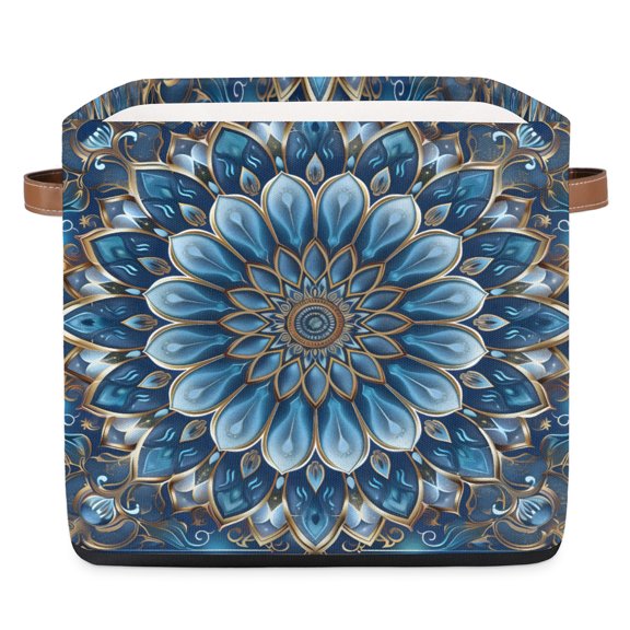 CURLYOOT 13 x 13 Inch Cube Storage Bin, Blue Floral Fabric Storage Cube Baskets, Boho Mandala Closet Shelves Foldable Bins with Leather Handles for Home Organizer
