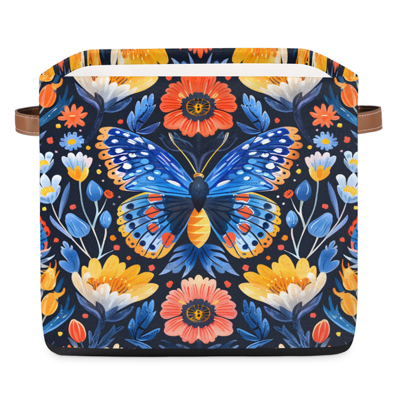CURLYOOT 13 x 13 Inch Cube Storage Bin, Boho Butterfly Flower Fabric Storage Cube Baskets, Closet Shelves Foldable Bins with Leather Handles for Home Organizer
