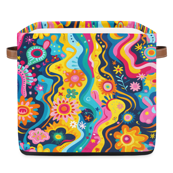 CURLYOOT 13 x 13 Inch Cube Storage Bin, Boho Floral Fabric Storage Cube Baskets, Abstract Closet Shelves Foldable Bins with Leather Handles for Home Organizer