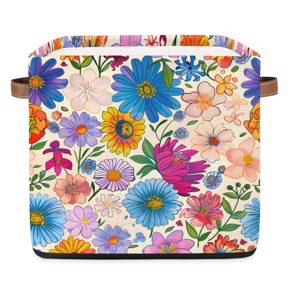 CURLYOOT 13 x 13 Inch Cube Storage Bin, Boho Floral Fabric Storage Cube Baskets, Closet Shelves Foldable Bins with Leather Handles for Home Organizer