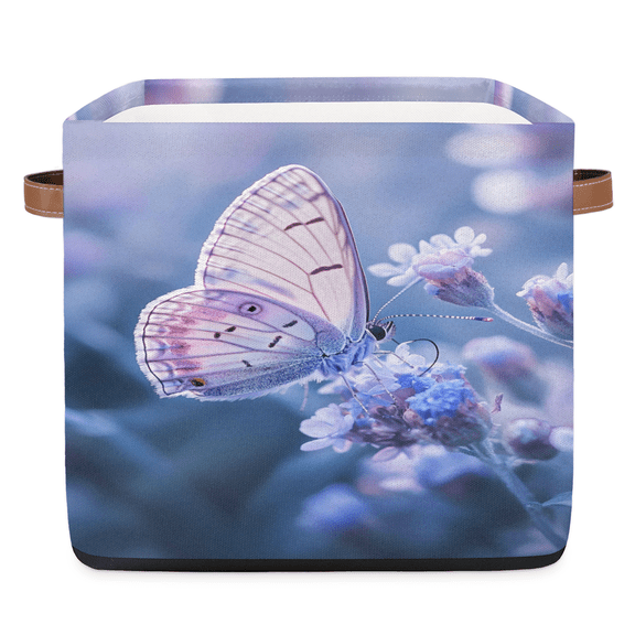 CURLYOOT 13 x 13 Inch Cube Storage Bin, Butterfly Purple Light Fabric Storage Cube Baskets, Closet Shelves Foldable Bins with Leather Handles for Home Organizer