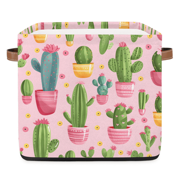 CURLYOOT 13 x 13 Inch Cube Storage Bin, Cactus Fabric Storage Cube Baskets, Closet Shelves Foldable Bins with Leather Handles for Home Organizer