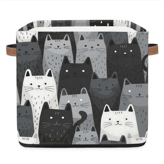 CURLYOOT 13 x 13 Inch Cube Storage Bin, Cartoon Kitten Fabric Storage Cube Baskets, Abstract Cats Closet Shelves Foldable Bins with Leather Handles for Home Organizer