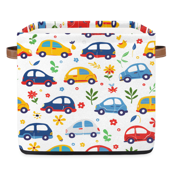 CURLYOOT 13 x 13 Inch Cube Storage Bin, Cartoon Transportation Car Fabric Storage Cube Baskets, Closet Shelves Foldable Bins with Leather Handles for Home Organizer