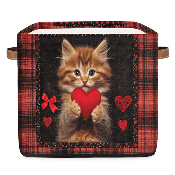 CURLYOOT 13 x 13 Inch Cube Storage Bin, Cat Love Heart Fabric Storage Cube Baskets, Buffalo Plaid Closet Shelves Foldable Bins with Leather Handles for Home Organizer