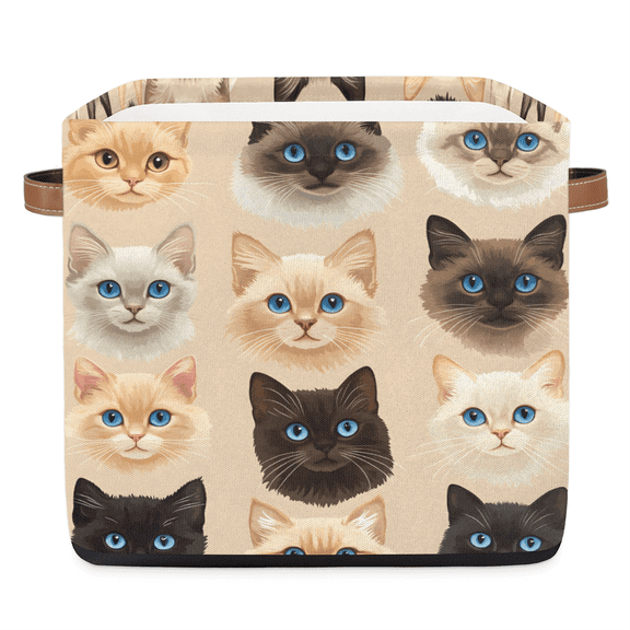 CURLYOOT 13 x 13 Inch Cube Storage Bin, Cats Fabric Storage Cube Baskets, Funny Pet Animal Closet Shelves Foldable Bins with Leather Handles for Home Organizer