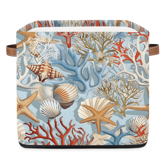 CURLYOOT 13 x 13 Inch Cube Storage Bin, Coastal Starfish Coral Fabric Storage Cube Baskets, Closet Shelves Foldable Bins with Leather Handles for Home Organizer