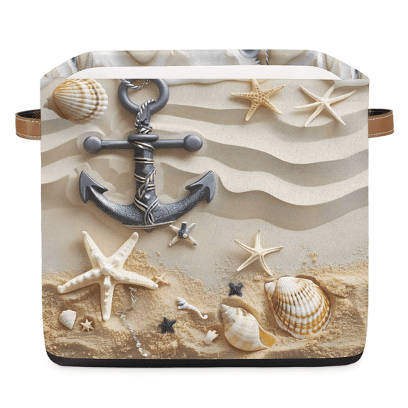 CURLYOOT 13 x 13 Inch Cube Storage Bin, Coastal Starfish Seashell Fabric Storage Cube Baskets, Nautical Closet Shelves Foldable Bins with Leather Handles for Home Organizer