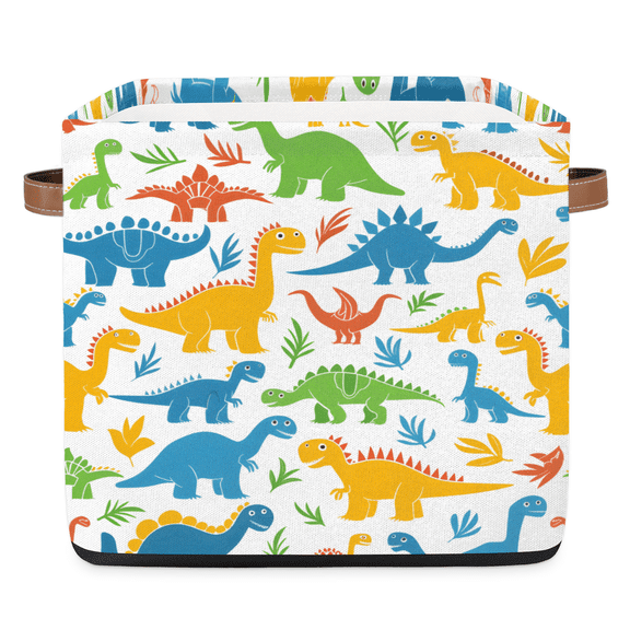 CURLYOOT 13 x 13 Inch Cube Storage Bin, Colorful Dinosaur Fabric Storage Cube Baskets, Closet Shelves Foldable Bins with Leather Handles for Home Organizer