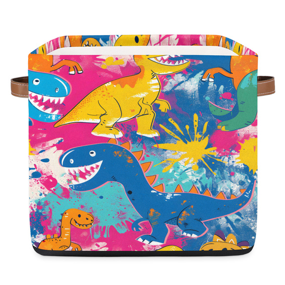 CURLYOOT 13 x 13 Inch Cube Storage Bin, Colorful Rainbow Dinosaur Fabric Storage Cube Baskets, Closet Shelves Foldable Bins with Leather Handles for Home Organizer