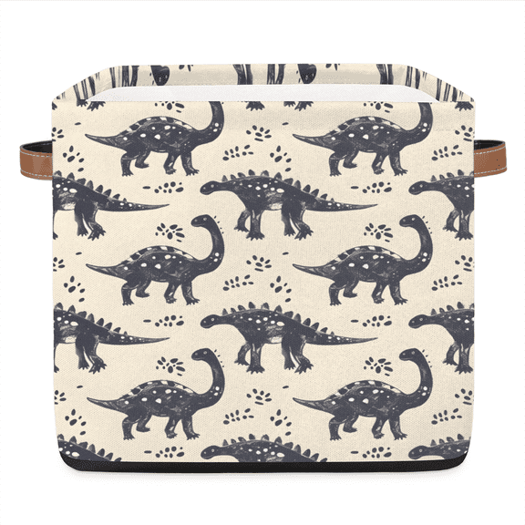 CURLYOOT 13 x 13 Inch Cube Storage Bin, Cool Dinosaurs Footprints Fabric Storage Cube Baskets, Closet Shelves Foldable Bins with Leather Handles for Home Organizer