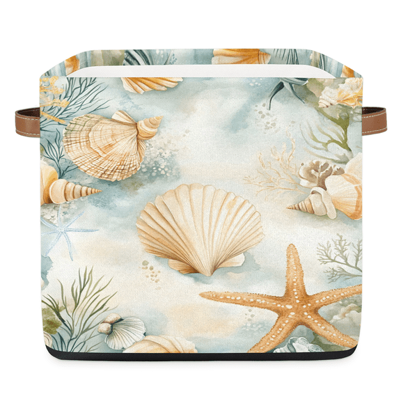 CURLYOOT 13 x 13 Inch Cube Storage Bin, Coral Ocean Nautical Seashell Fabric Storage Cube Baskets, Closet Shelves Foldable Bins with Leather Handles for Home Organizer
