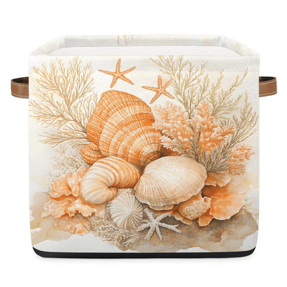CURLYOOT 13 x 13 Inch Cube Storage Bin, Coral Ocean Theme Nautical Seashell Orange Fabric Storage Cube Baskets, Closet Shelves Foldable Bins with Leather Handles for Home Organizer