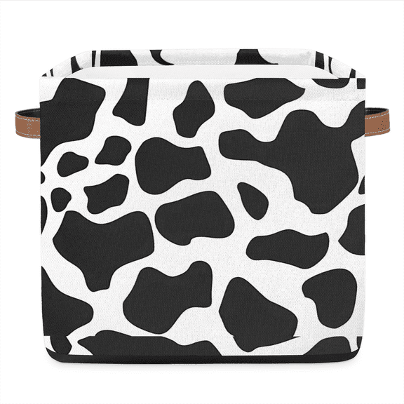 CURLYOOT 13 x 13 Inch Cube Storage Bin, Cow Print Skin Pattern Fabric Storage Cube Baskets, Closet Shelves Foldable Bins with Leather Handles for Home Organizer