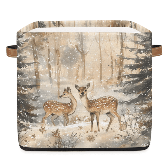 CURLYOOT 13 x 13 Inch Cube Storage Bin, Deers in Forest Fabric Storage Cube Baskets, Closet Shelves Foldable Bins with Leather Handles for Home Organizer