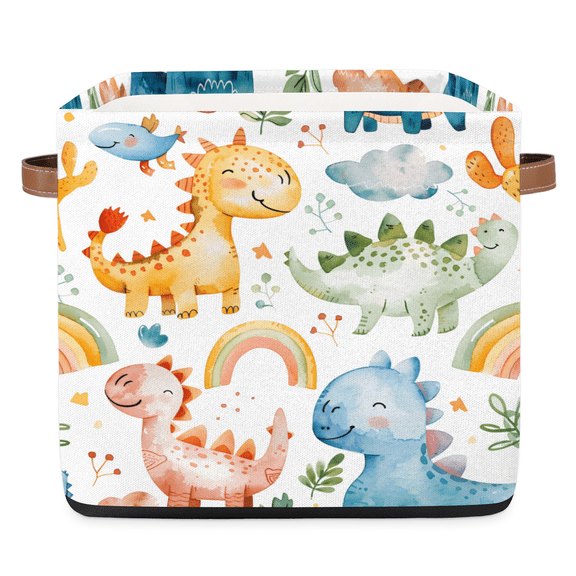 CURLYOOT 13 x 13 Inch Cube Storage Bin, Dinosaur Rainbow Fabric Storage Cube Baskets, Closet Shelves Foldable Bins with Leather Handles for Home Organizer