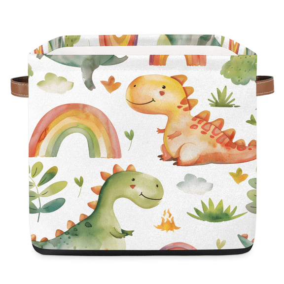 CURLYOOT 13 x 13 Inch Cube Storage Bin, Dinosaur Rianbow Tree Fabric Storage Cube Baskets, Closet Shelves Foldable Bins with Leather Handles for Home Organizer