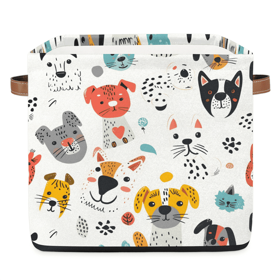 CURLYOOT 13 x 13 Inch Cube Storage Bin, Dog Printed Fabric Storage Cube Baskets, Closet Shelves Foldable Bins with Leather Handles for Home Organizer