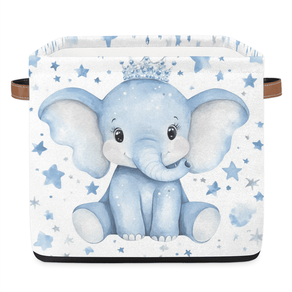 CURLYOOT 13 x 13 Inch Cube Storage Bin, Elephants Animal Fabric Storage Cube Baskets, Closet Shelves Foldable Bins with Leather Handles for Home Organizer