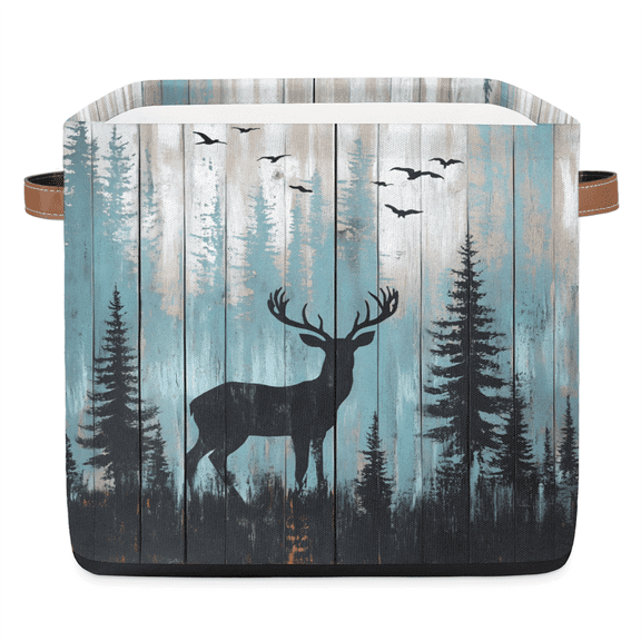 CURLYOOT 13 x 13 Inch Cube Storage Bin, Farmhouse Deer Fabric Storage Cube Baskets, Closet Shelves Foldable Bins with Leather Handles for Home Organizer