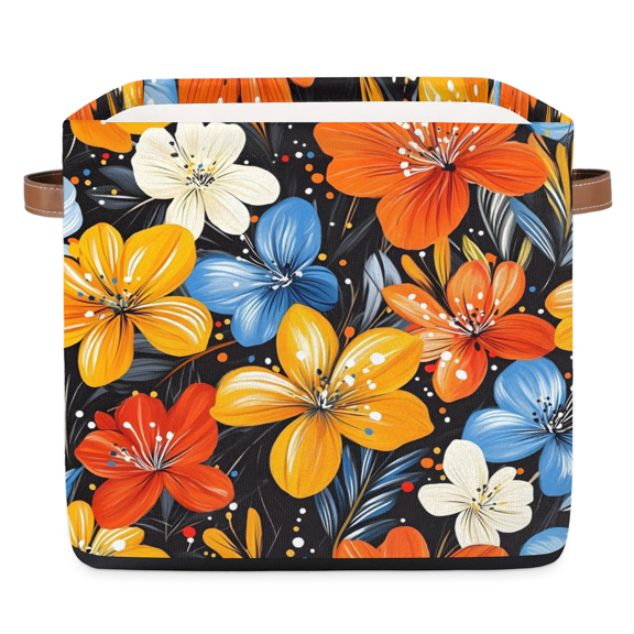 CURLYOOT 13 x 13 Inch Cube Storage Bin, Floral Fabric Storage Cube Baskets, Boho Flower Closet Shelves Foldable Bins with Leather Handles for Home Organizer