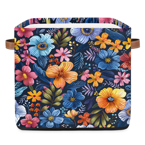 CURLYOOT 13 x 13 Inch Cube Storage Bin, Floral Leaves Fabric Storage Cube Baskets, Boho Closet Shelves Foldable Bins with Leather Handles for Home Organizer