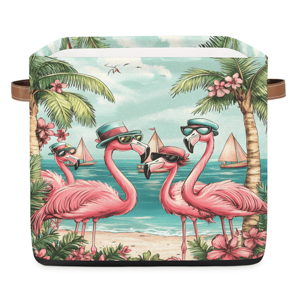 CURLYOOT 13 x 13 Inch Cube Storage Bin, Funny Flamingo Tropical Fabric Storage Cube Baskets, Closet Shelves Foldable Bins with Leather Handles for Home Organizer
