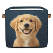 CURLYOOT 13 x 13 Inch Cube Storage Bin, Golden Retriever Dog Fabric Storage Cube Baskets, Closet Shelves Foldable Bins with Leather Handles for Home Organizer