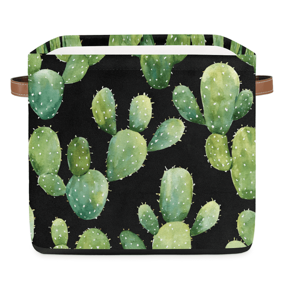 CURLYOOT 13 x 13 Inch Cube Storage Bin, Green Cactus Fabric Storage Cube Baskets, Black Closet Shelves Foldable Bins with Leather Handles for Home Organizer