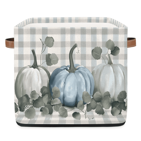 CURLYOOT 13 x 13 Inch Cube Storage Bin, Grey Pumpkin Buffalo Plaid Fall Fabric Storage Cube Baskets, Closet Shelves Foldable Bins with Leather Handles for Home Organizer
