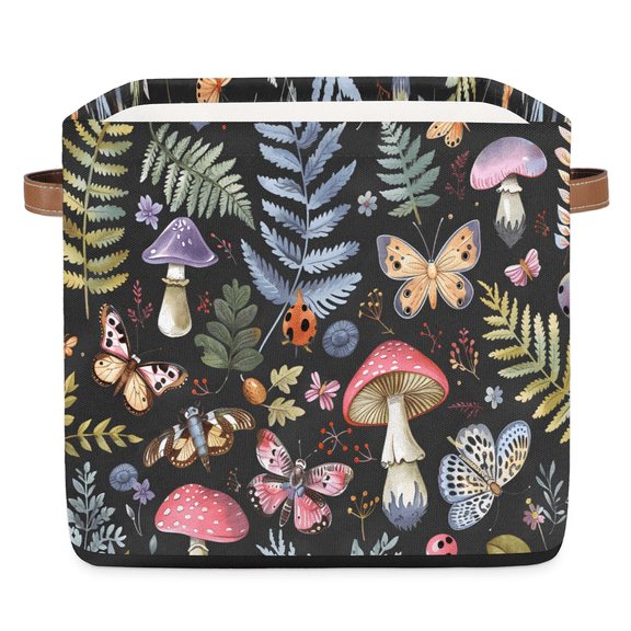 CURLYOOT 13 x 13 Inch Cube Storage Bin, Herbs Mushroom Plants Fabric Storage Cube Baskets, Closet Shelves Foldable Bins with Leather Handles for Home Organizer