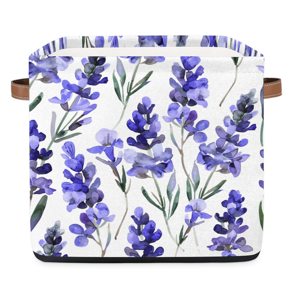 CURLYOOT 13 x 13 Inch Cube Storage Bin, Lavender Purple Summer Fabric Storage Cube Baskets, Closet Shelves Foldable Bins with Leather Handles for Home Organizer