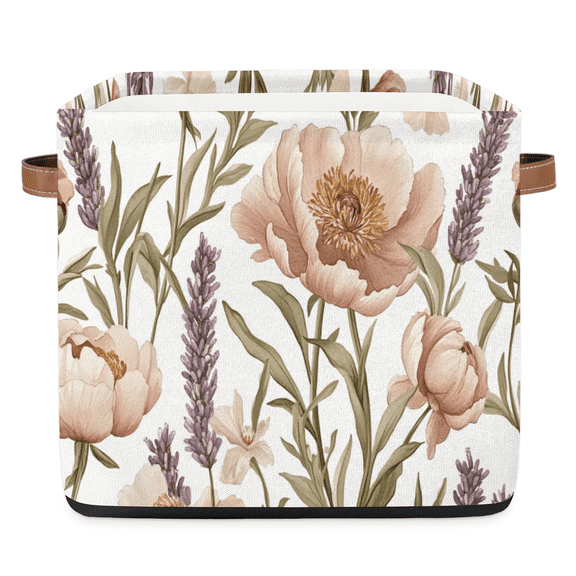CURLYOOT 13 x 13 Inch Cube Storage Bin, Light Purple Floral Flower Fabric Storage Cube Baskets, Closet Shelves Foldable Bins with Leather Handles for Home Organizer