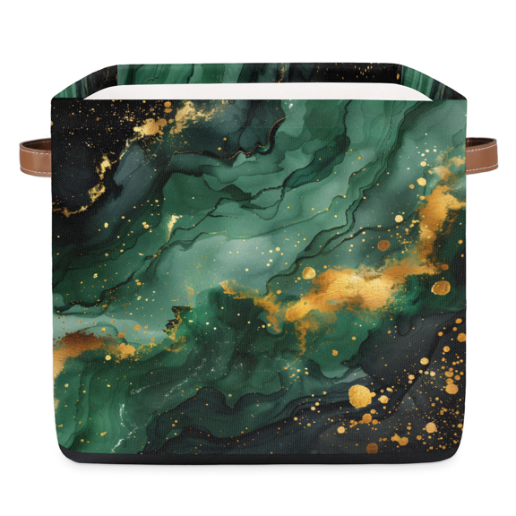 CURLYOOT 13 x 13 Inch Cube Storage Bin, Marble Fabric Storage Cube Baskets, Abstract Green Gold Closet Shelves Foldable Bins with Leather Handles for Home Organizer