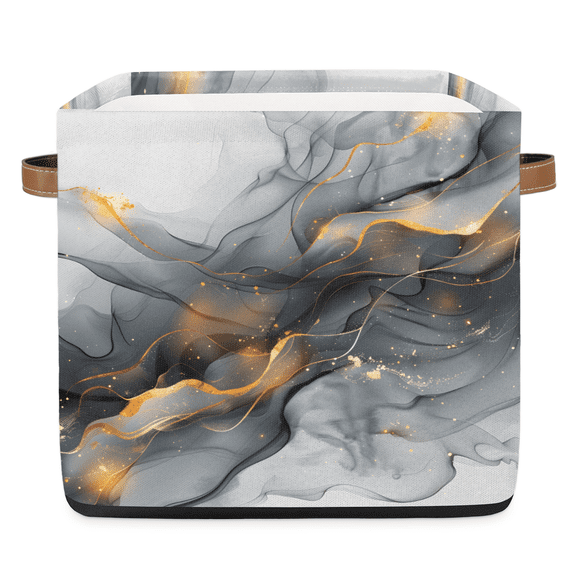 CURLYOOT 13 x 13 Inch Cube Storage Bin, Marble Fabric Storage Cube Baskets, Abstract Modern Closet Shelves Foldable Bins with Leather Handles for Home Organizer