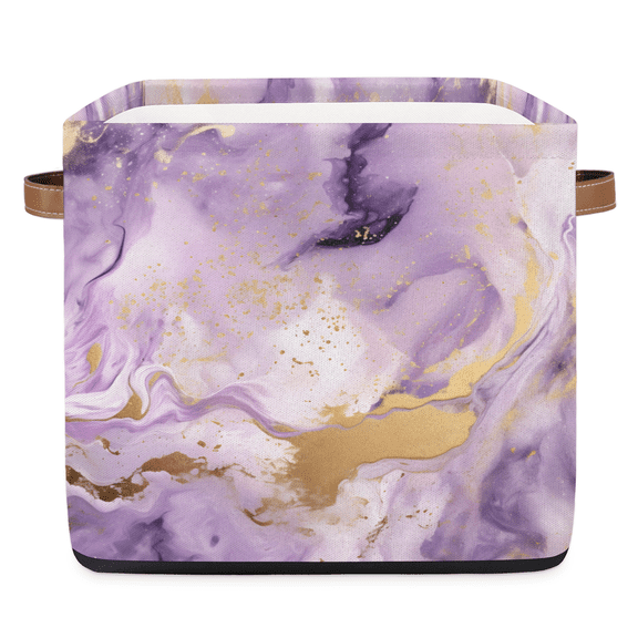 CURLYOOT 13 x 13 Inch Cube Storage Bin, Marble Fabric Storage Cube Baskets, Purple Gold Closet Shelves Foldable Bins with Leather Handles for Home Organizer