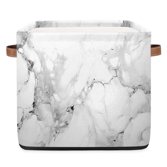 CURLYOOT 13 x 13 Inch Cube Storage Bin, Marble Fabric Storage Cube Baskets, White Grey Closet Shelves Foldable Bins with Leather Handles for Home Organizer