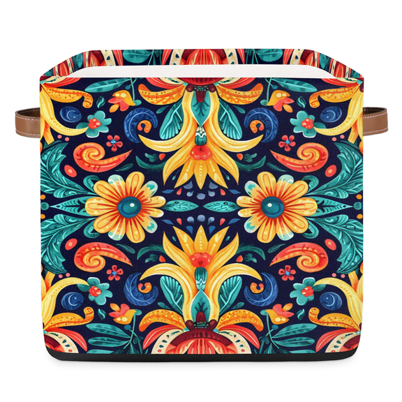 CURLYOOT 13 x 13 Inch Cube Storage Bin, Mexican Birds Fabric Storage Cube Baskets, Colorful Flowers Closet Shelves Foldable Bins with Leather Handles for Home Organizer