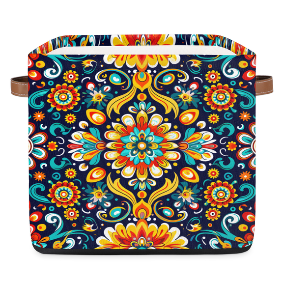 CURLYOOT 13 x 13 Inch Cube Storage Bin, Mexican Fabric Storage Cube Baskets, Colorful Flowers Closet Shelves Foldable Bins with Leather Handles for Home Organizer