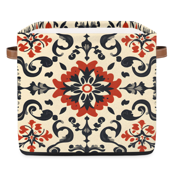 CURLYOOT 13 x 13 Inch Cube Storage Bin, Mexican Floral Fabric Storage Cube Baskets, Ethnic Flowers Closet Shelves Foldable Bins with Leather Handles for Home Organizer