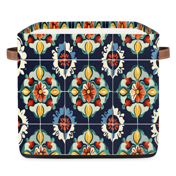 CURLYOOT 13 x 13 Inch Cube Storage Bin, Mexican Floral Fabric Storage Cube Baskets, Talavera Pattern Closet Shelves Foldable Bins with Leather Handles for Home Organizer