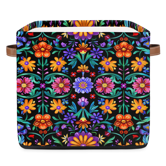 CURLYOOT 13 x 13 Inch Cube Storage Bin, Mexican Flowers Fabric Storage Cube Baskets, Closet Shelves Foldable Bins with Leather Handles for Home Organizer