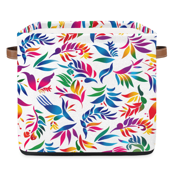 CURLYOOT 13 x 13 Inch Cube Storage Bin, Mexican Otomi Flower Fabric Storage Cube Baskets, Closet Shelves Foldable Bins with Leather Handles for Home Organizer