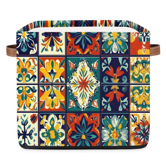 CURLYOOT 13 x 13 Inch Cube Storage Bin, Mexican Talavera Fabric Storage Cube Baskets, Boho Floral Closet Shelves Foldable Bins with Leather Handles for Home Organizer